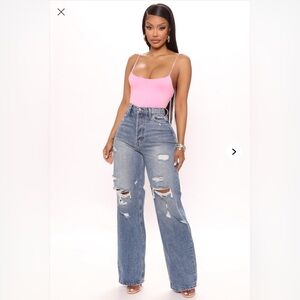 Fashion Nova Light and Dark Blue Denim Jeans High Waisted Wide Leg Baggy 13 Long